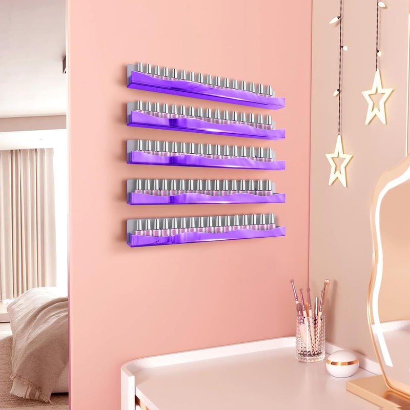 YMVV Wall-Mounted Nail Polish Organizer Rack - 15 Inch Purple Mirror Finish Nail Polish Shelf, Makeup & Beauty Essentials Storage - Multi-Purpose Display Holder for Small Space, Vanity Bathroom, 6 Pack - Image 2